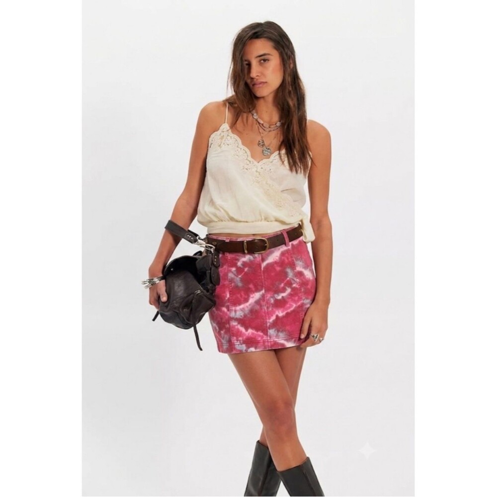 Free People Modern Femme Denim Mini Skirt Flamingo Flame Size 2 Small Tie Dye